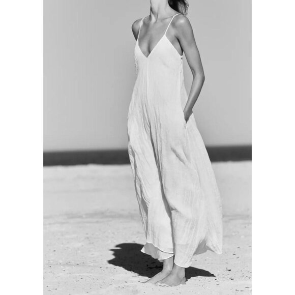 Zara ZW Collection White Linen Blend Maxi Dress Womens Flow V-Neck Summer Size l - Picture 1 of 10